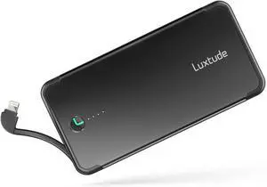 Luxtude 10000mAh Portable Charger for iPhone Built-in Lightning Cable, Mfi Apple Certified Slim Power Bank Portable Phone Charger, Fast Charging Thin Battery Pack for iPhone14/13/12/11, Android etc.