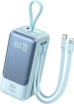 Fast Charging Power Bank 18400mAh 65W Portable Laptop Charger, LED Display, Travel Essential Battery Pack with Built-in USB-C & Lightning Cables for iPhone 16/15/14/13/12 MacBook Samsung