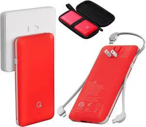 10000mAh Portable Charger, Slim USB B C Power Bank,4 Output External Battery Pack with Built-in AC Wall Plug Micro and USB C Three Cables Compatible with All mobilephone