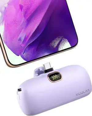 Kuulaa Portable Charger USB C with Built-in USB-C Plug, 5000mAh PD20W Fast Charging Power Bank, LCD Digital Display Battery Pack for iPhone 15/16,Samsung S22/S23 & Android (Purple)