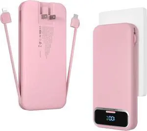 12000mAh Lightweight-Portable-Charger-Power-Bank with Built-in Cables and AC Wall Plug, PD20W USB-C Fast Charging Battery Pack, LED Display External Travel Phone Charger for All iPhone,Samsung,Android