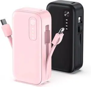 Smallest Portable Chargers with Built in Cables, 2 Pack 5000mAh Power Bank Slim Portable Phone Travel Charger, PD QC 3.0 Fast Charging External Battery Pack for iPhone 15/16/14 Android(Black+Pink)