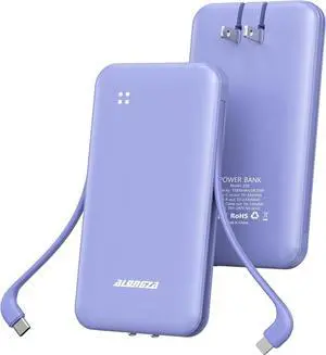 Alongza Portable Charger Built-in Cables and AC Wall Plug, Slim Fast Charging Power Bank 10000mAh, Lightweight USB C External Battery Pack Compact Travel Cell Phone Charger