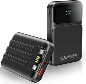 10000mAh Portable Charger with Built-in Cable, PD 22.5W Fast Charging USB C Battery Pack, Cell Phone Power Bank LCD Display for iPhone 16/16 Pro/16 Plus/15/14/13/12/11/X, Samsung, etc