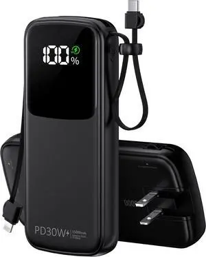UYAYOHU Portable Charger, Power Bank, 15000mAh Battery Pack Fast Charging Lightweight, Built-in AC Wall Plug and 2 Output Cables with LED Display for iPhone15 14 13 12 11 Samsung iPad etc(Deep Black)