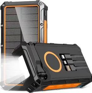 Solar Charger Power Bank 36000mAh Built in Hand Crank and 3 Cables 15W Fast Wireless Charger Portable Power Bank 6 Outputs & 4 Inputs Solar Portable Charger Flashlights Compass