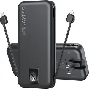 Portable Charger Built-in Cables and AC Wall Plug, 12000mAh power Bank, USB C 22.5W Fast charging Phone Charger ,Compact Lightweight External Battery Pack for iPhones, iPad, SamsungTablets, etc.