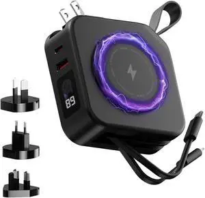 STATIK SmartCharge 5-in-1 Travel Power Bank with Wall Plug & Built in USB C Cables, 10000mAh International Travel Essentials & European Portable Charger, Compatible with iPhone 16/15/14 iPad & Samsung