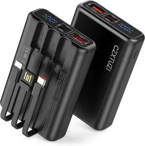 Fast Charging Portable Charger,LCD Display Power Bank with Built in Cables,10000mAh Pocket Size Battery Pack for Heated Vest iPhone Samsung iPad etc.