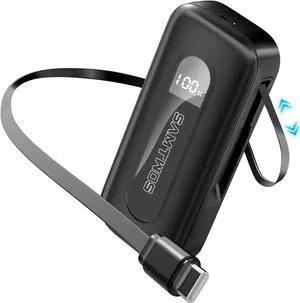 SAMTWOS Portable Charger 10000mAh,PD 30W Fast Charging Power Bank Built-in 1.9ft Retractable USB-C Cable for Travel,2 Output Battery Pack for iPhone 16/15 Series, Galaxy, iPad, and More (Black)