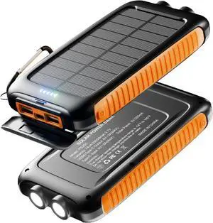 Power-Bank-Solar-Charger - 20000mAh Power Bank, Portable Charger, External Battery Pack 5V/3A Type C Input Output Dual Built-in Super Bright Flashlight, Carabiner, Solar Panel Charging