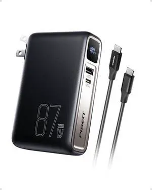 PISEN Wall Charger Power Bank - 87W 2-in-1 Hybrid Charger, 10000mAh GaN USB-C Portable Charger with Wall Plug, 87W Hybrid Charger Power Bank with Wall Plug for iPhone, iPad, MacBook, Samsung, Laptops
