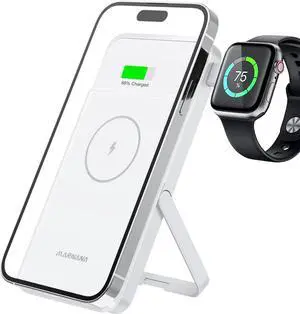 Magnetic Wireless Power Bank with Apple Watch Charger, Marnana 10000mAh Fast Charging Portable Charger Battery Bank w/Foldable Stand for MagSafe iPhone 12/13/14/15 Series & Apple Watch - White