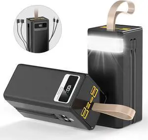 Portable Charger 60000mAh Power Bank, 22.5W Fast Charging 4 LEDs Flashlight Battery Pack, Built-in Two Cables 7 Ports External Power Banks for Smart Devices, Travel Outdoor Camping-Black