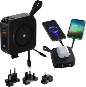 BlackboxMyCar Power Mini 10000, Portable Charger Power Bank for iOS and Android, Portable Travel Essentials, with Smartphone Stand, USB-C Lightning Cables, Wireless Charging, 4 Adapters