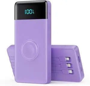 Portable Charger with Built-in Cables and iWatch Charger,10800mAh QC4.0+PD 25W Fast Charging USB C Power Bank,6 Outputs Battery Pack for iPhone 16/15/14/13/12 Series,Apple Watch,Android etc-Purple