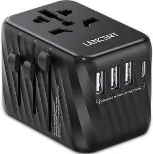 LENCENT Universal Travel Power Adapter, International AC Plug Adaptor with 3 USB A Ports 1 Type C PD Wall Charger Worldwide Travel Essentials for US to EU UK Ireland Australia (Type C/G/A/I) Black