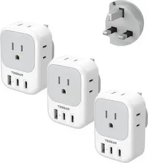 US to UK Plug Adapter 3 Pack, TESSAN Type G Adapter for Travel with 4 Outlets 3 USB (2 USB-C), Power Adaptor for US to UK Ireland London Scotland Kenya Dubai Singapore Hong Kong