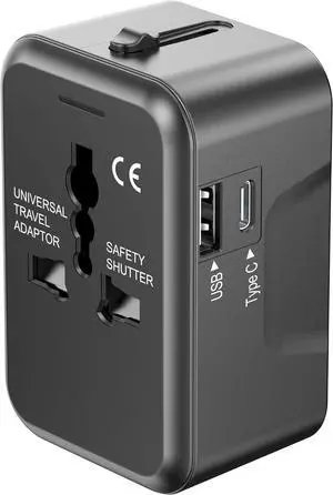 Universal Travel Adapter with (Type C+USB) 2 USB Ports & AC Outlet, International Plug Adapter Converter, Type C/A/G/I All in One Wall Charger Worldwide Travel Adaptor for US to EU UK AUS Asia