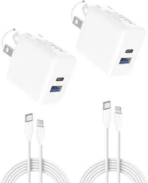 2Pack Fast Charger for iPad 9th 8th 7th 6th Generation 10.2 inch, iPad Air 3/2, iPad mini 5/4/3, 20W Dual Port Foldable Wall Charger with 6.6ft USB-C to Lightning Fast Charging Cable