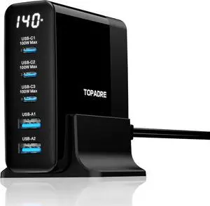 140W USB C Charging Station with Display, 5-Port GaN USBC Charger Block, Max 100W USB Hub Laptop Charger Compatible with MacBook Pro/Air,iPhone 15/14/13/Mini/Pro/Pro Max/Samsung Galaxy, Black