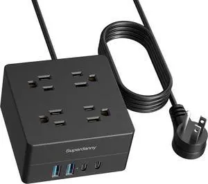 5ft Power Strip, SUPERDANNY Surge Protector 900 Joules, 4-Outlet 4-USB Extension Cord, Overload Switch, Grounded, Mountable, Desktop Charging Station for Home, Office, School, Dorm, Computer, Black