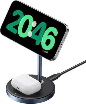 MagFlow 2-in-1 Magnetic Wireless Charging Station Fast Wireless Charger for iPhone 16 15 14 13 12 Series and AirPods MagSafe Compatible Qi Charging Stand with 3 FT USB-C Cable (No AC Adapter)