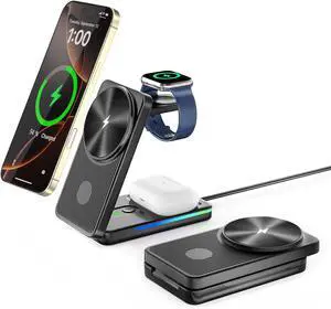 3 in 1 Wireless Charging Station with Magnetic Charger Stand, Foldable Magnetic Charger for iPhone 16 Pro Max/15/14/13/12, Foldable Charger 3 in 1 for Apple Watch/Air Pods