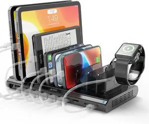 Alxum 120w 10 Port Charging Cradle with 6 USB-A Chargers 2 Qc3.0 2 PD 18W Fast Charging with Watch Stand Suitable for A Wide Range of Devices with Overvoltage, Overcurrent, and Overcharge Protection