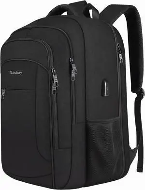 Naukay Travel Backpack, 50L Extra Large Laptop Backpacks 17.3 Inch Anti Theft Water Resistant Business Carry On Backpack with USB Charging Port, TSA Big Durable Daypack Laptop Bag, Black