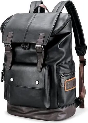 CHAO RAN Leather Laptop Backpack for Men, Vintage Black Work Knapsack Large Travel Waterproof Bags 16inch Laptop For Commute Casual Business(Black)