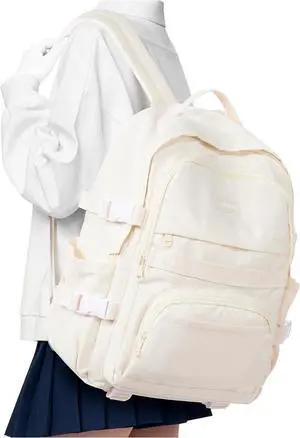 School Backpack for Teen Girls Boys Multi-pocket Middle School Bag Cute College Backpacks for Women Men Elementary Student Bookbags Aesthetic Backpack Casual Daypacks White