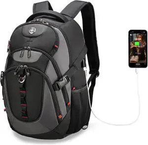 Swissdigital Laptop Backpack with USB Charging Port, TSA Travel Backpack Fits 15.6 inches Computer, 31L College School Backpack for Men, Black/Grey | SD803