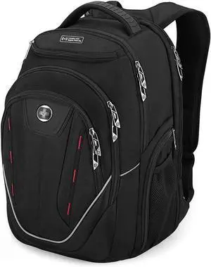 Swissdigital Design TSA Laptop Backpack Men's USB Charging Port Large Capacity Business Travel Backpack Black| With Apple Find My Network Black/Red | J16BTFB-41