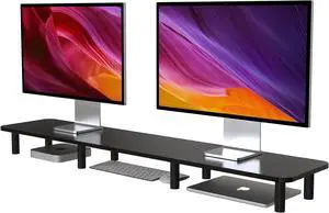 43.7" Extra Long Dual Monitor Stand Riser, Wood & Steel Monitor Stand for 2 Monitors, Wide TV Stand, Desktop Riser for Desk Organization, Home OfficeLaptop,Printer,TV (Black)