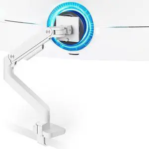 ARES WING Ultrawide Monitor Arm White for 17 to 49 Inch Heavy Duty Curved Screen, Holds 44 Lbs, Adjustable Gas Spring Monitor Arm Desk Mount with C Clamp, Grommet Base, 75/100 Vesa Mount