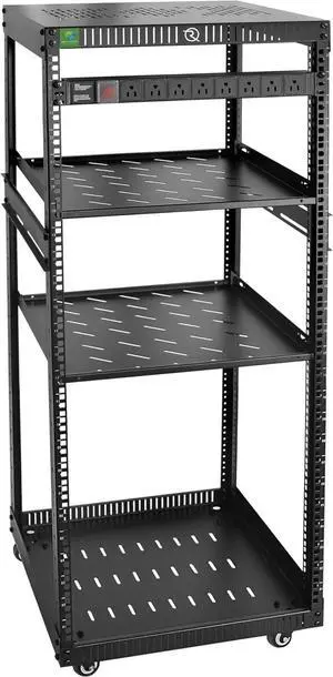 RIVECO 25U Network Rack with Reinforced Top Cover - 4 Post Floor Rack on Wheels for 19" Equipment & Stereo Gear- Including Mount Power Strip & 2PCS 1U Shelves