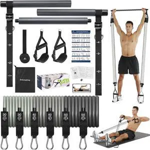 Upgraded Pilates Bar Kit with Resistance Bands Natural Latex for Women & Men, Heavy-Duty Stainless Steel Multifunctional Yoga Pilates Stick for Home Gym Exercise Fitness Equipment Full-Body Workouts