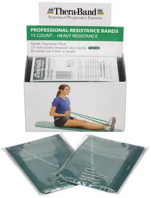 THERABAND Resistance Bands, 5 Foot, 15 Count Professional Latex Elastic Bands For Upper & Lower Body Exercise, Physical Therapy, Pilates, At-Home Workouts, & Rehab, Heavy Green, Intermediate, Level 3