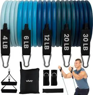 Vive Resistance Bands with Handles (11 Pcs) - Tube Rehab Band Set - Shoulder Pulley Door Anchor - 2 to 70 LBs Tension - Home Workout Elastic Fitness Equipment - Men, Women Training Therapy