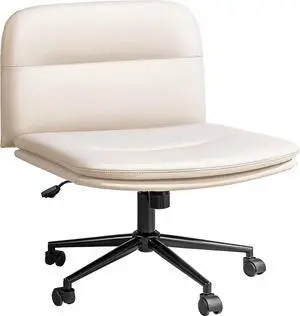 Criss Cross Chair with Wheels, Cross Legged Office Chairs, Armless Wide Vanity Chair with Back, Desk Chairs Comfy Wide Seat, Leather Swivel Accent Chair for Home Office (White)