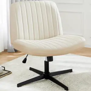 DUMOS Cross Legged Office Chair, Armless Wide Home Office Desk Seat No Wheels, Modern Swivel Adjustable Fabric Vanity Seating for Bedroom