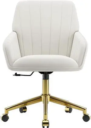 YISHENG Velvet Home Office Chair with Gold Base Upholstered Tufted Modern Height Adjustable 360 Degree Swivel Desk Chair with Wheels, Vanity Chairs for Living Room, Bedroom,Study Room (Cream)