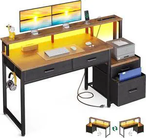 AODK Computer Desk with 4 Drawers, 48 Inch Reversible Desk with Led Lights & Power Outlet, Office Desk with File Drawer & Monitor Stand, Work Table for Home Office, Rustic Brown