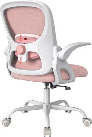 Home Office ChairErgonomic Mesh Desk Chair with Adjustable Lumbar Support, Flip-up Arm Rocking Swivel, Mid-Back Comfy Computer Chair (White-Pink)