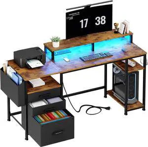 Lufeiya Gaming Desks with Led Lights and Power Outlets, 55 Inch Study Writing Computer Desk with Fabric File Drawers Cabinet for Bedroom, Home Office Desk with Shelves Monitor Stand, Rustic Brown