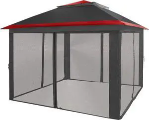CROWN SHADES 11x11 Pop Up Gazebo, Patented One Push Outoor Canopy Tent with Wheeled STO-N-Go Cover Bag, Pop Up Canopy with Netting for Patio, Backyard (11x11, Red &Grey)