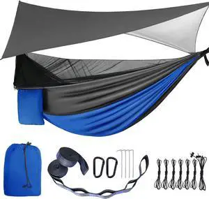Camping Hammock with Mosquito Bug Net Tent and Rain Fly Tarp, Portable Single Double Nylon ParachuHammock with Heavy Duty Tree Strap for Backpacking Travel Survival Hiking Outdoor Activities (Blue)