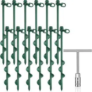 Zhengmy 12 Pcs Ground Anchors Screw in, 12 Inch Heavy Duty Tent Stakes with Trampoline Anchor Hook Ground Stakes for Camping Tent Canopies Ports Sheds Swing Sets Securing Animals (Green)