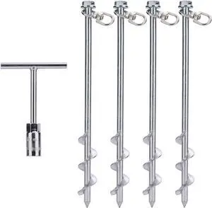 MightyPhine Steel Screw Ground Anchors - Set of 4, 12 Inch, Silver, Metal - Tent Stakes, Trampoline Anchor Kit, Swing Set Anchors, High Wind Resistance